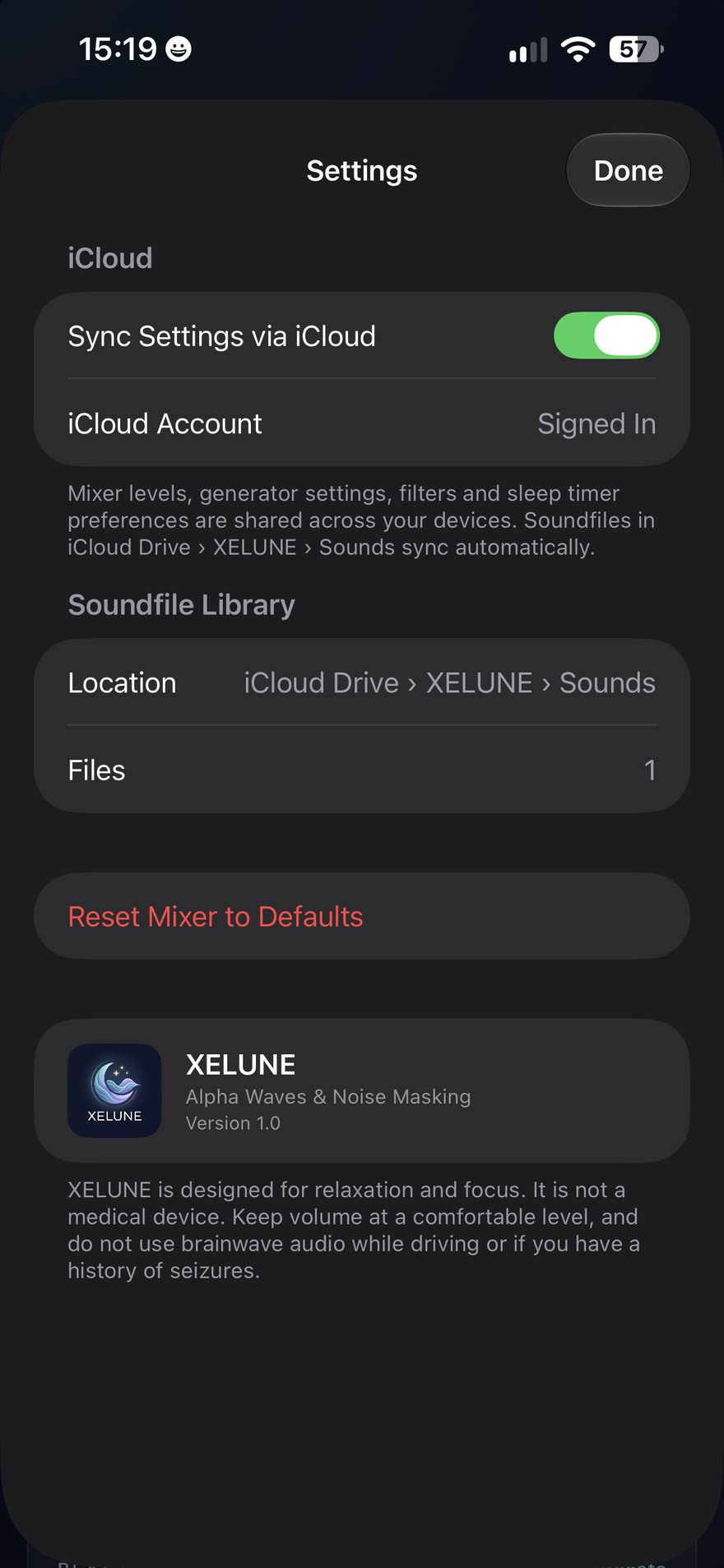 The iOS Settings sheet with the iCloud sync switch on, the soundfile library location, and a reset option.