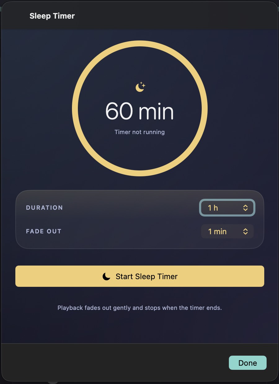 The Sleep Timer sheet: a large amber ring around 60 min, with Duration set to 1 h, Fade Out to 1 min, and a Start Sleep Timer button.
